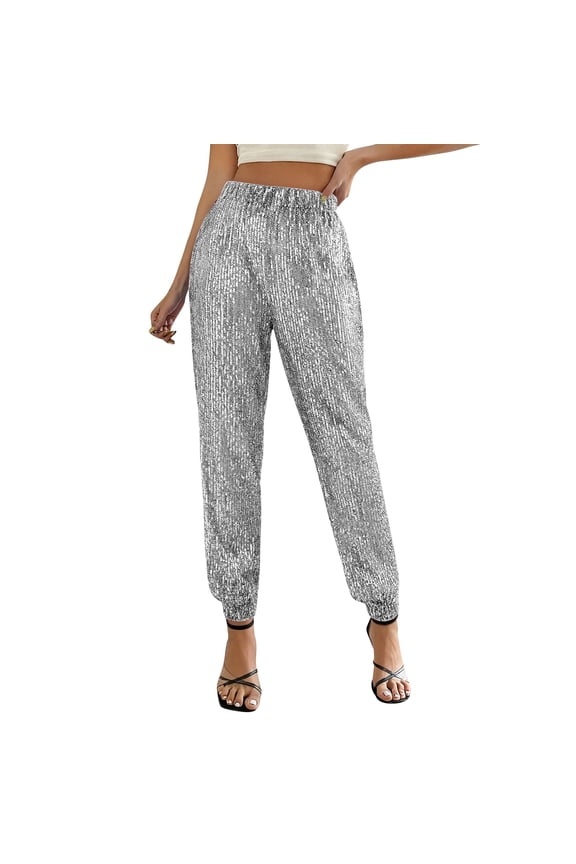 Womens Glitter Sequin Pants Elastic High Waist Sparkly Joggers Pants Bling Evening Party Clubwear Trousers(Gray,XXL)