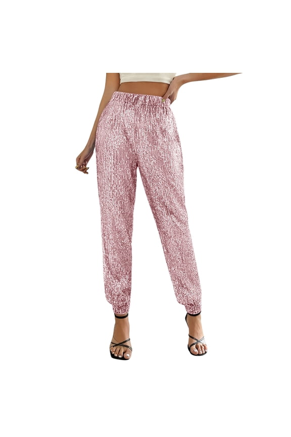 Womens Glitter Sequin Pants Elastic High Waist Sparkly Joggers Pants Bling Evening Party Clubwear Trousers(Pink,XXL)