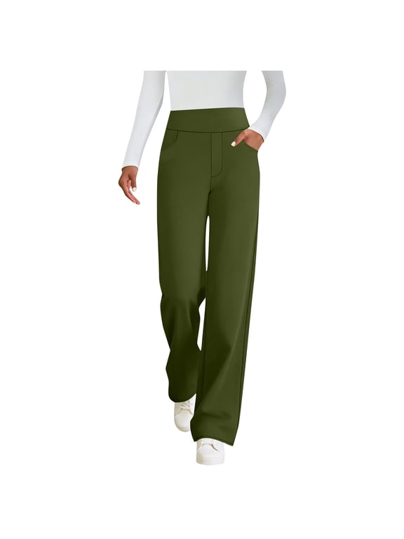 Womens High Waist Dress Pants Business Casual Wide Leg Work Pants Stretchy Pull On Slacks Office Trousers with Pockets(Army Green,XXL)