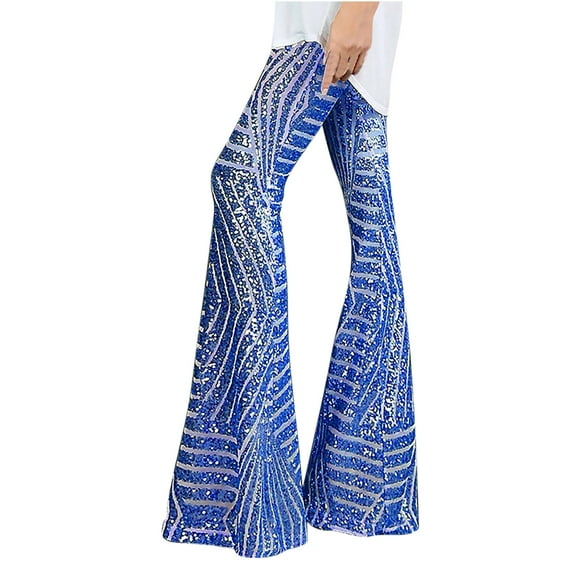 RYRJJ Womens High Waist Sequin Sparkle Flared Pants Wide Leg Bell Bottom Palazzo Trousers Casual Party Disco Clubwear(Blue,L)