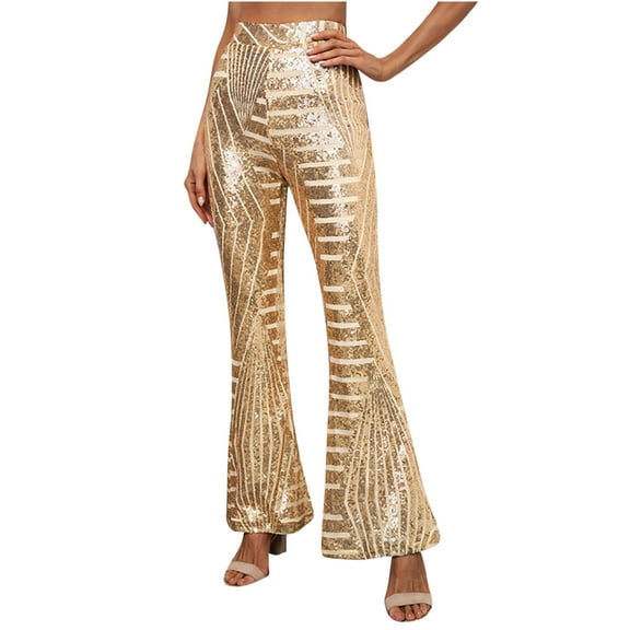 RYRJJ Womens High Waist Sequin Sparkle Flared Pants Wide Leg Bell Bottom Palazzo Trousers Casual Party Disco Clubwear(Rose Gold,XXL)