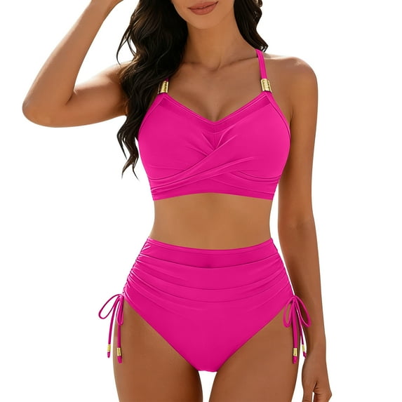 RYRJJ Womens High Waisted Bikini Sets Drawstring Tummy Control Swimsuits Crisscross Tie Back Halter Bathing Suit(Hot Pink,L)