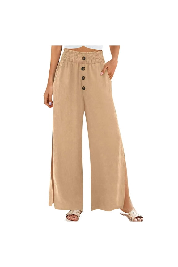 Womens High Waisted Pants Wide Leg Side High Slit Long Palazzo Pants Summer Casual Loose Flowy Beach Trousers with Pockets(Khaki,M)