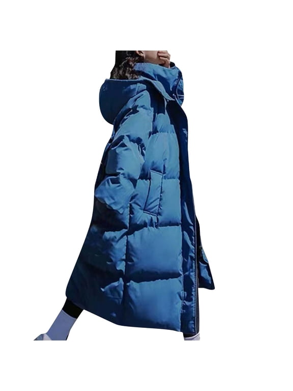 Womens Hooded Long Quilted Coat Maxi Length Long Sleeve Zip Up Puffer Jacket Warm Padded Coat Thick Winter Outerwear with Detachable Hood(Blue,XXL)