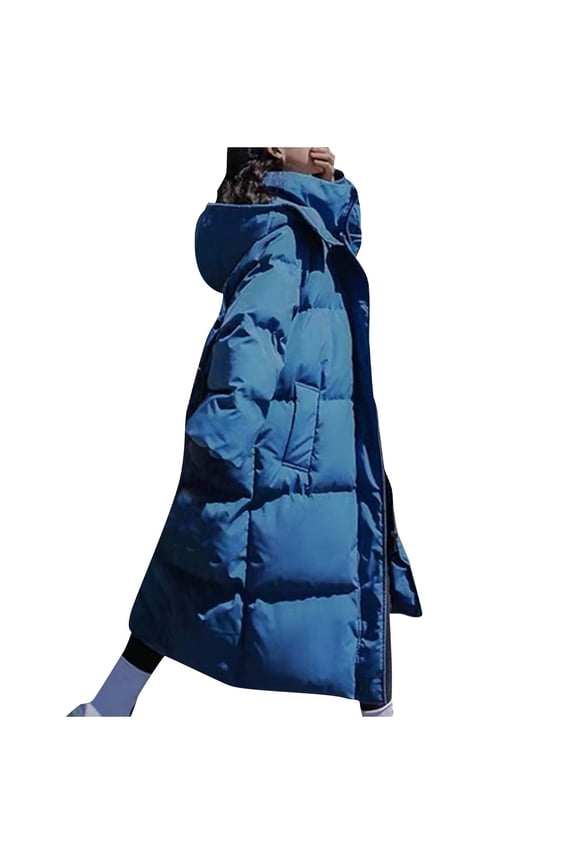 Womens Hooded Long Quilted Coat Maxi Length Long Sleeve Zip Up Puffer Jacket Warm Padded Coat Thick Winter Outerwear with Detachable Hood(Blue,XXL)