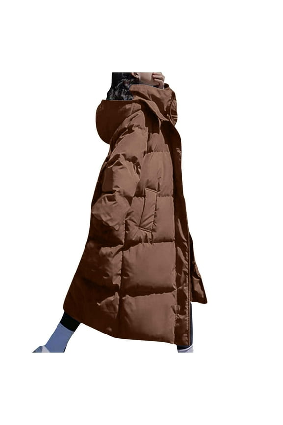 Womens Hooded Long Quilted Coat Maxi Length Long Sleeve Zip Up Puffer Jacket Warm Padded Coat Thick Winter Outerwear with Detachable Hood(Khaki,M)