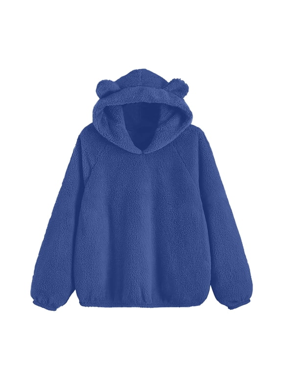 Womens Hoodies Long Sleeve Bear Ear Fuzzy Hooded Sweatshirt Lightweight Cute Fleece Loungewear Pullover Tops(Blue,XXL)