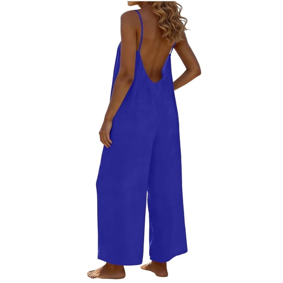 RYRJJ Womens Jumpsuits Casual Boho Overalls Sleeveless Backless Spaghetti Strap Wide Leg Long Pants Romper with Pockets