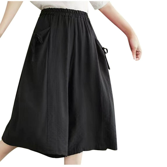 RYRJJ Womens Knee Length Shorts Summer Casual Linen Wide Leg Long Elastic Bermuda Shorts for Women Culottes(Black,L)