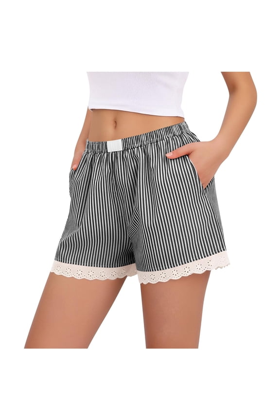 Womens Lace Trim Boxer Shorts Pajama Gingham Shorts Y2K Summer Casual Lounge Sleep Striped Beach Bottoms(Black,XXL)