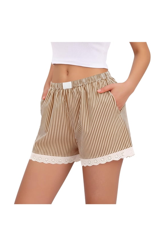 Womens Lace Trim Boxer Shorts Pajama Gingham Shorts Y2K Summer Casual Lounge Sleep Striped Beach Bottoms(Brown,S)