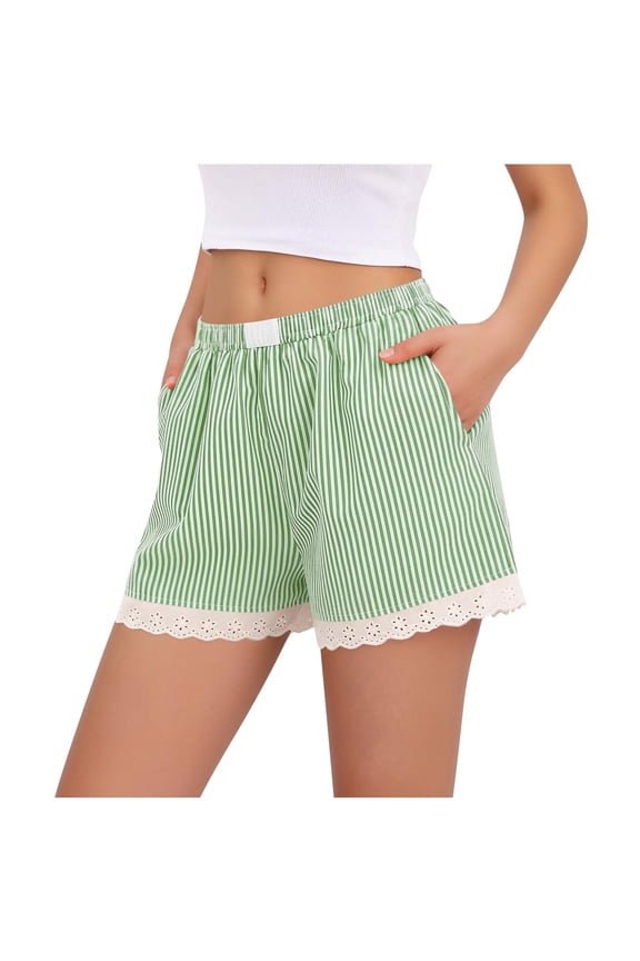 Womens Lace Trim Boxer Shorts Pajama Gingham Shorts Y2K Summer Casual Lounge Sleep Striped Beach Bottoms(Green,XL)