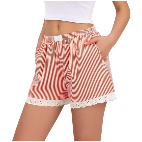 RYRJJ Womens Lace Trim Boxer Shorts Pajama Gingham Shorts Y2K Summer Casual Lounge Sleep Striped Beach Bottoms(Hot Pink,XL)