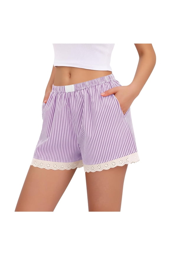 Womens Lace Trim Boxer Shorts Pajama Gingham Shorts Y2K Summer Casual Lounge Sleep Striped Beach Bottoms(Purple,L)