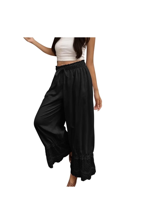 Womens Lace Trim Long Bloomers Elastic High Rise Ruffle Pantaloons Cropped Flared Slips Pants Drawstring Pajama Bottoms(Black,S)