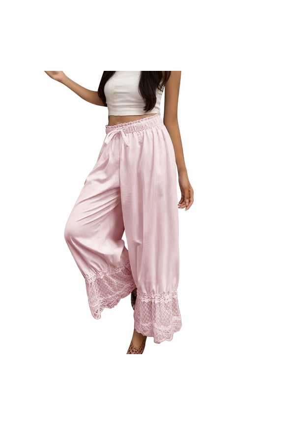 Womens Lace Trim Long Bloomers Elastic High Rise Ruffle Pantaloons Cropped Flared Slips Pants Drawstring Pajama Bottoms(Pink,S)