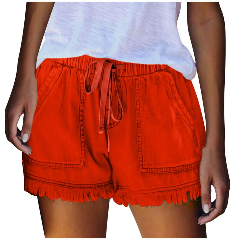 RYRJJ Womens Lightweight Denim Shorts Casual Baggy Trendy Frayed Short  Pants Elastic Waist Drawstring Comfy Jeans Shorts(Red,XL)