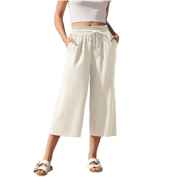 RYRJJ Womens Linen Capri Pants Drawstring Casual Cropped Trousers with Pockets Summer Loose High Waisted Wide Leg Lounge Pants(White,M)