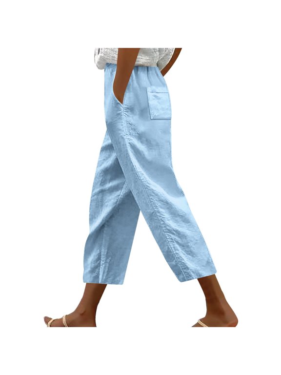 Womens Linen Pants Lightweight Wide Straight Leg Capri Pants Summer Casual Beach Drawstring Elastic Waist Crop Trousers with Pockets(Light Blue,L)