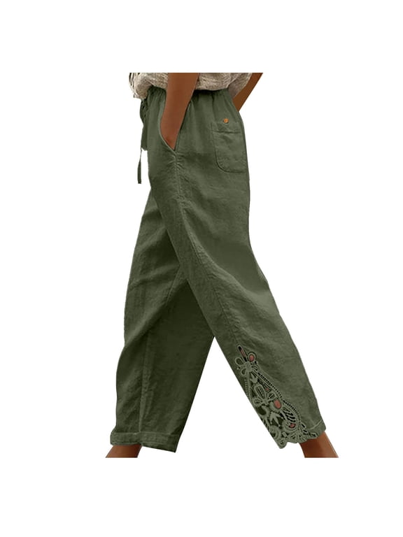 Womens Linen Pants with Pockets Drawstring High Waist Comfy Crochet Lace Hem Pants Casual Lightweight Baggy Trousers(Green,M)