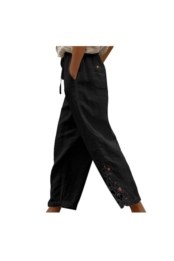 Womens Linen Pants with Pockets Drawstring High Waist Comfy Crochet Lace Hem Pants Casual Lightweight Baggy Trousers(Black,XXL)