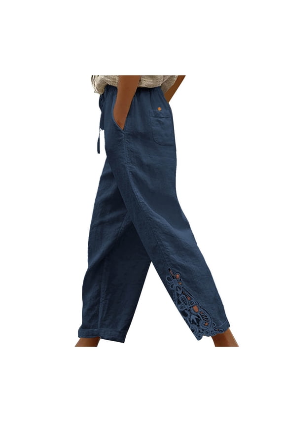 Womens Linen Pants with Pockets Drawstring High Waist Comfy Crochet Lace Hem Pants Casual Lightweight Baggy Trousers(Blue,S)