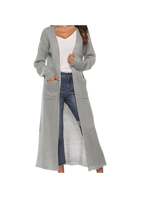 Womens Long Cardigan Casual Long Sleeve Split Open Front Knit Cardigan Sweaters with Pockets Fall Fashion Coat Outerwear