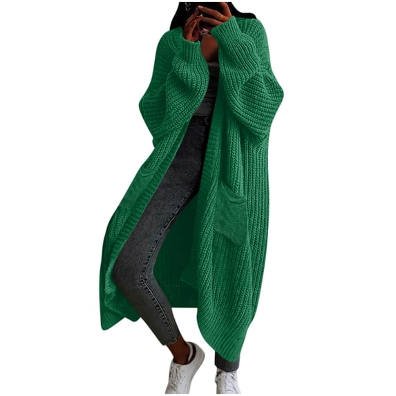 RYRJJ Womens Long Cardigan Sweaters Open Front Oversized Sweater Outwear with Pocket Fall Winter Chunky Cable Knit Coats(Green,XL)
