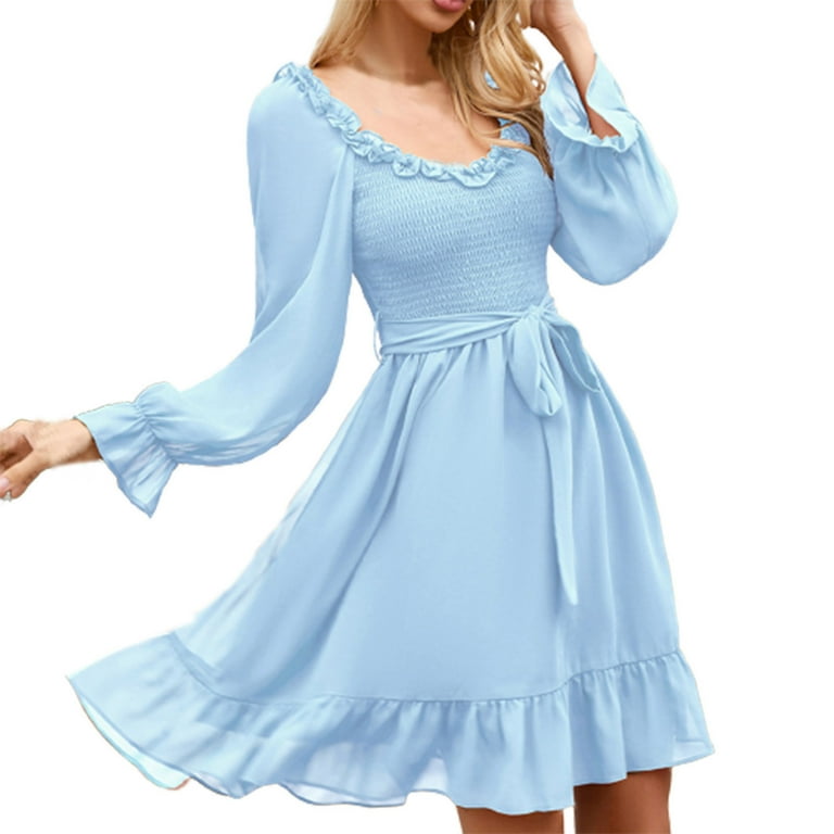 RYRJJ Womens Long Puff Sleeve Short Mini Cottagecore Dress Smocked Ruffle Sweetheart Neckline Date Night Dresses Light Blue S