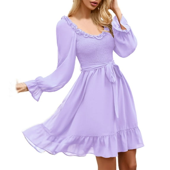 RYRJJ Womens Long Puff Sleeve Short Mini Cottagecore Dress Smocked Ruffle Sweetheart Neckline Date Night Dresses(Purple,L)