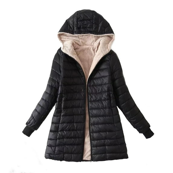 RYRJJ Womens Long Puffer Jacket Plus Size Down Coat Sherpa Fleece Lined Lightweight Puffer Coat with Hood Slim Winter Warm Jacket(Black,S)