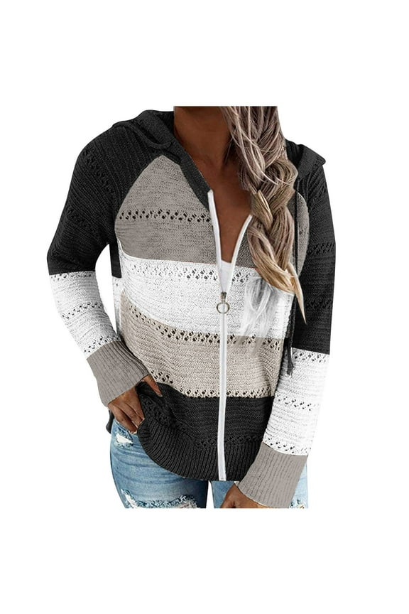 Womens Long Sleeve Knit Sweater Outwear Full Zip Up Hoodie Jacket Lightweight Drawstring Color Block Sweatshirt Coat(Black,S)