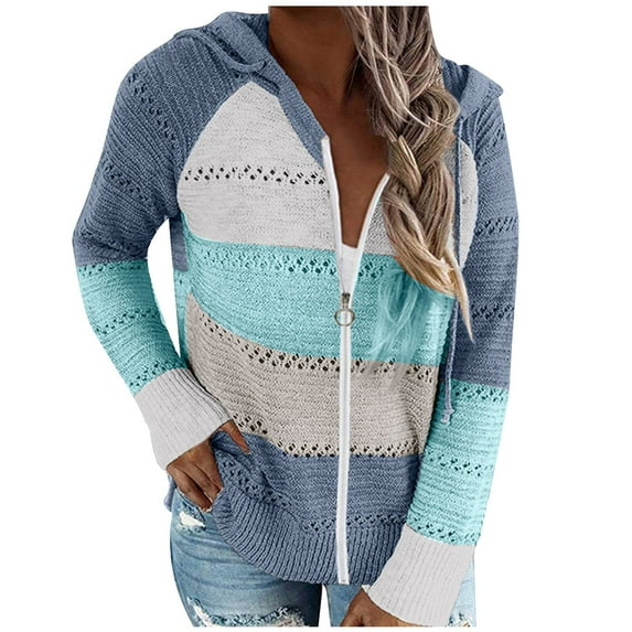 RYRJJ Womens Long Sleeve Knit Sweater Outwear Full Zip Up Hoodie Jacket Lightweight Drawstring Color Block Sweatshirt Coat(Sky Blue,S)