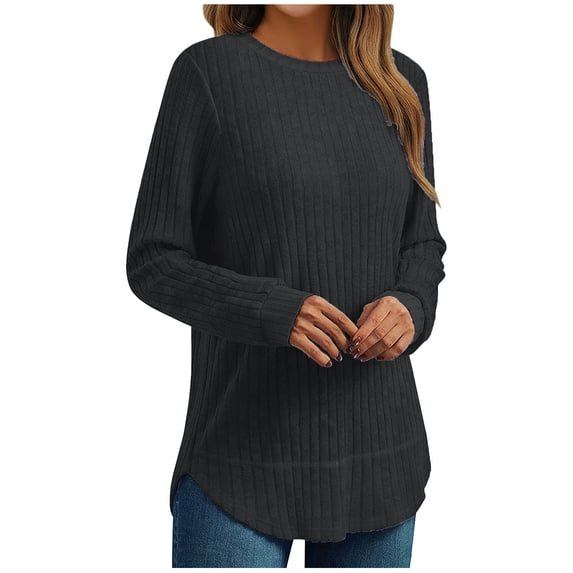 RYRJJ Womens Long Sleeve Shirts Fall Fashion Tops Dressy Sweaters Tunic Casual Loose Fit Blouses with Curved Hem(Black,S)
