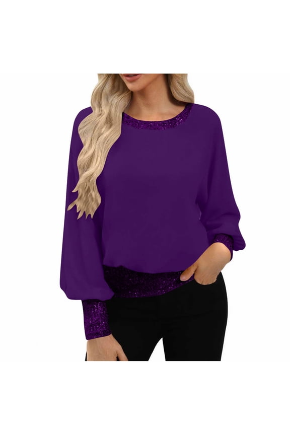 Womens Long Sleeve Shirts Sparkly Contrast Sequin Crewneck Tops Glitter Loose Fit Casual Blouses for Party Wedding(Purple,L)