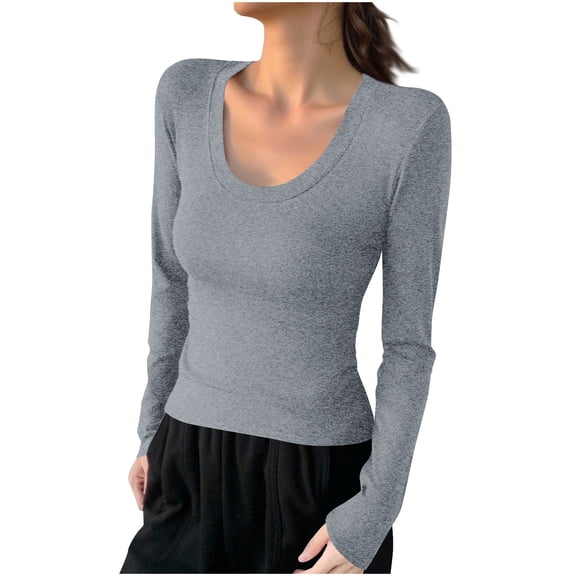 RYRJJ Womens Long Sleeve T Shirts Fall Scoop Neck Slim Fitted Casual Tops Plain Basic Tee Shirts Y2K Clothes(Gray,M)