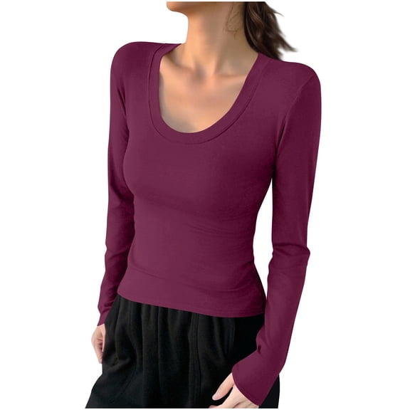 RYRJJ Womens Long Sleeve T Shirts Fall Scoop Neck Slim Fitted Casual Tops Plain Basic Tee Shirts Y2K Clothes(Purple,XL)
