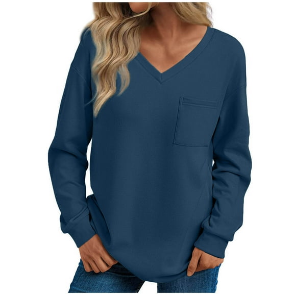 RYRJJ Womens Long Sleeve Tops Casual Shirts V Neck Fall Fashion Loose Pullover Basic Blouse with Chest Pocket(Blue,S)