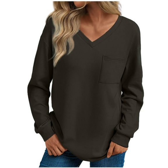 RYRJJ Womens Long Sleeve Tops Casual Shirts V Neck Fall Fashion Loose Pullover Basic Blouse with Chest Pocket(Gray,S)