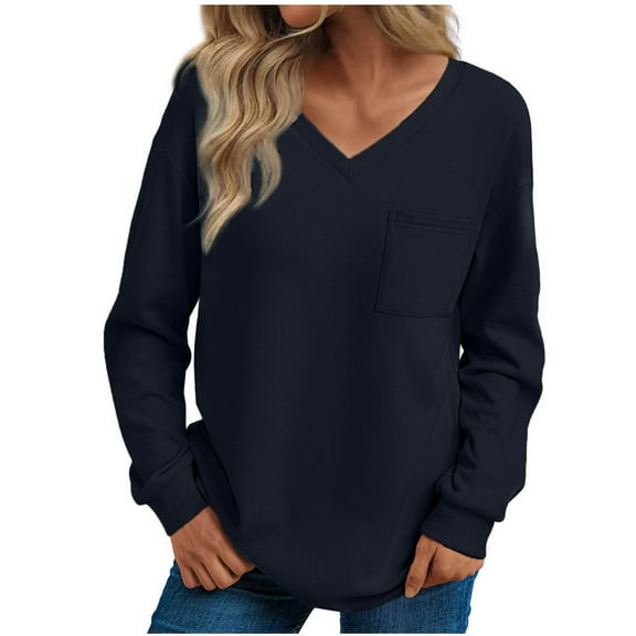 RYRJJ Womens Long Sleeve Tops Casual Shirts V Neck Fall Fashion Loose Pullover Basic Blouse with Chest Pocket(Navy,S)