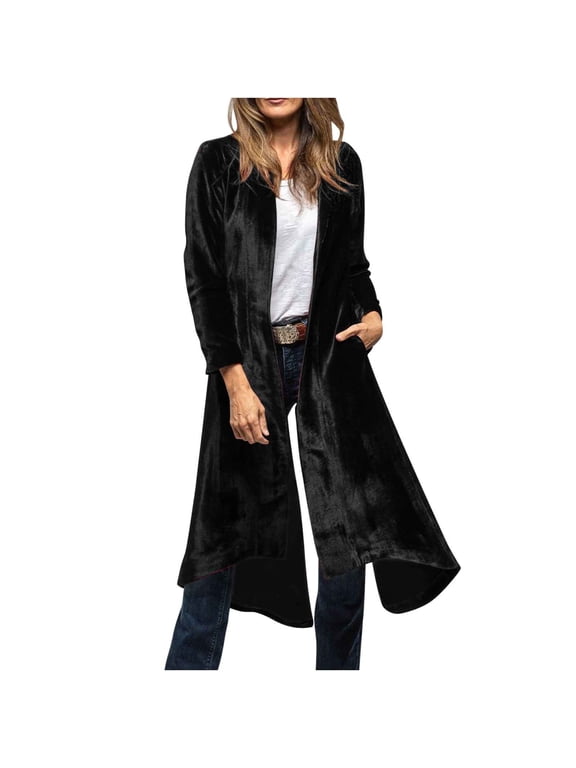 Womens Long Velvet Cardigan Jackets Lapel Collar Open Front Vintage Blazer Elegant Back High Slit Suit Jacket with Pocket(Black,M)