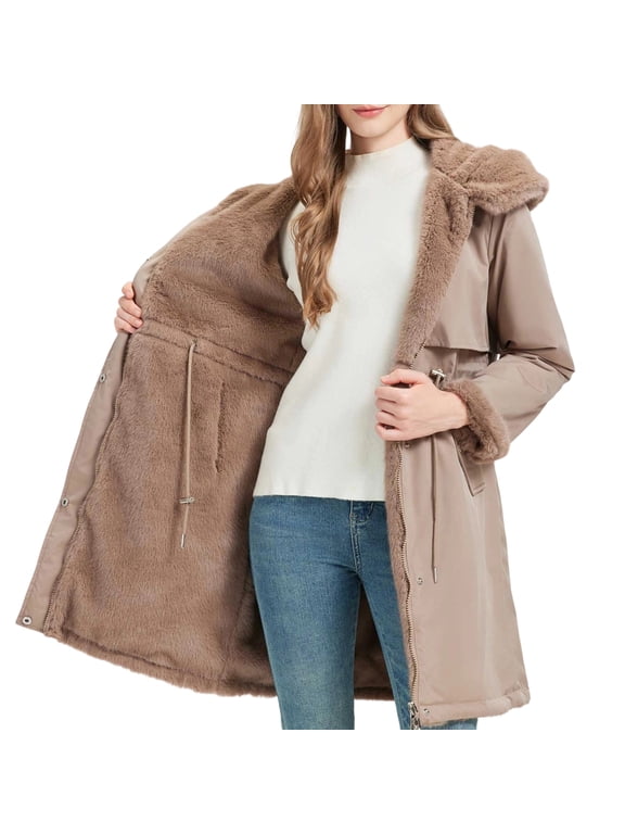 Womens Long Winter Parka Coat Windproof Thickened Sherpa Fleece Lined Reversible Jackets Warm Padded Outerwear with Hood(Khaki,M)