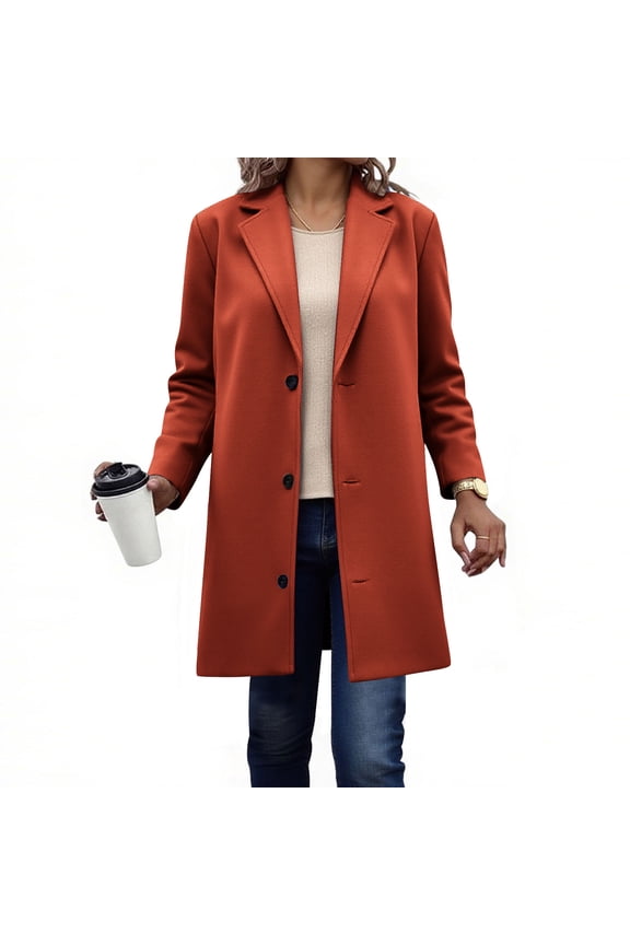 Womens Long Wool Coat Warm Single Breasted Peacoat Jacket Classic Notched Lapel Trench Coats Fall Winter Outerwear(Orange,M)