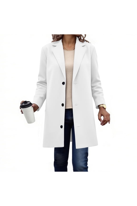Womens Long Wool Coat Warm Single Breasted Peacoat Jacket Classic Notched Lapel Trench Coats Fall Winter Outerwear(White,S)