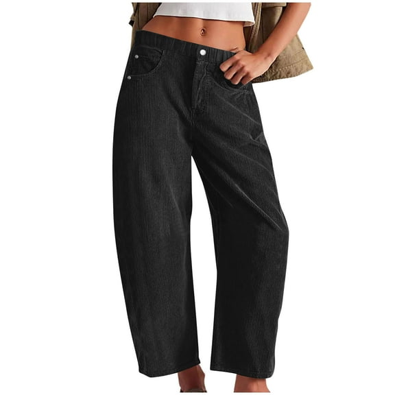 RYRJJ Womens Mid Rise Cord Barrel Pants Casual Baggy Wide Leg Corduroy Cropped Ankle Pants Trousers with Pockets(Black,L)