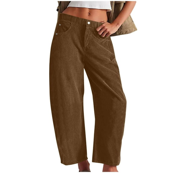 RYRJJ Womens Mid Rise Cord Barrel Pants Casual Baggy Wide Leg Corduroy Cropped Ankle Pants Trousers with Pockets(Coffee,S)