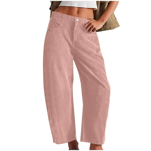 RYRJJ Womens Mid Rise Cord Barrel Pants Casual Baggy Wide Leg Corduroy Cropped Ankle Pants Trousers with Pockets(Pink,L)