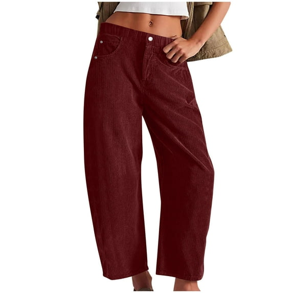 RYRJJ Womens Mid Rise Cord Barrel Pants Casual Baggy Wide Leg Corduroy Cropped Ankle Pants Trousers with Pockets(Wine,XXL)