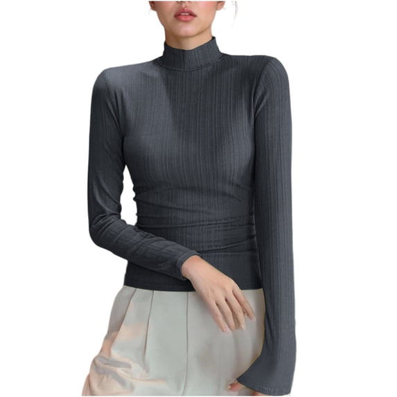 RYRJJ Womens Mock Turtleneck Long Sleeve Shirts Fall Ribbed Tops Basic Layering Soft Thermal Undershirts Tees(Dark Gray,M)