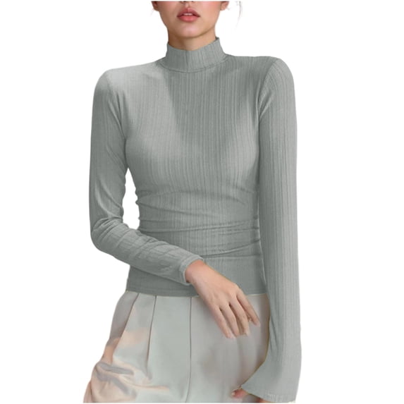 RYRJJ Womens Mock Turtleneck Long Sleeve Shirts Fall Ribbed Tops Basic Layering Soft Thermal Undershirts Tees(Gray,L)